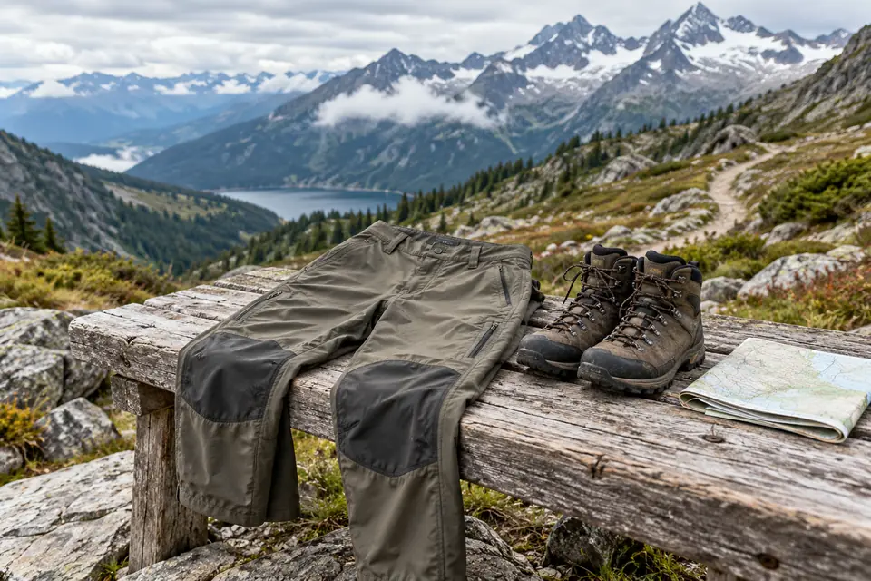 Pantalon de randonnée présenté avec des chaussures de trekking