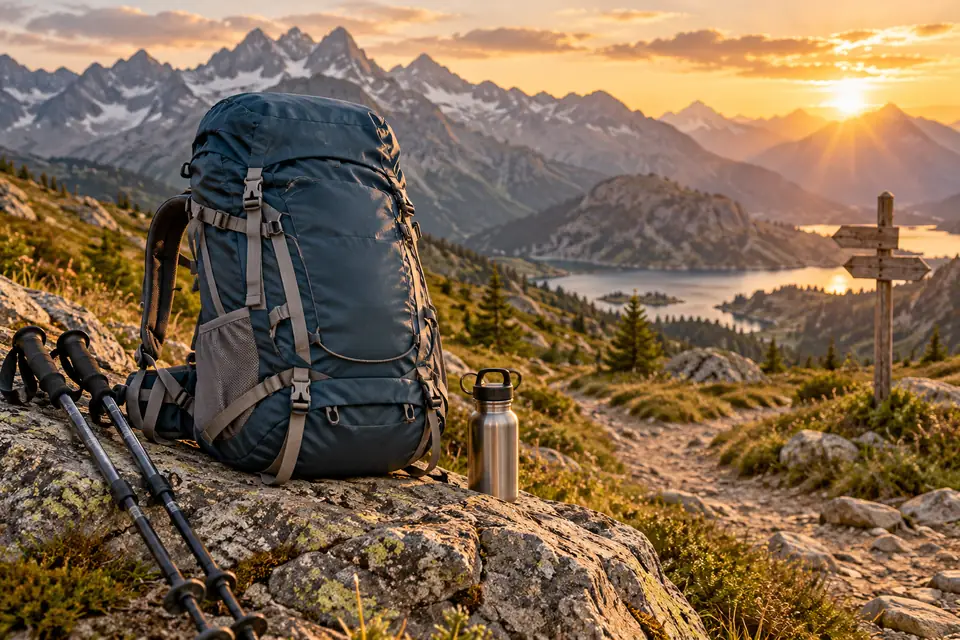 Sac à dos de randonnée avec bâtons sur un sentier alpin