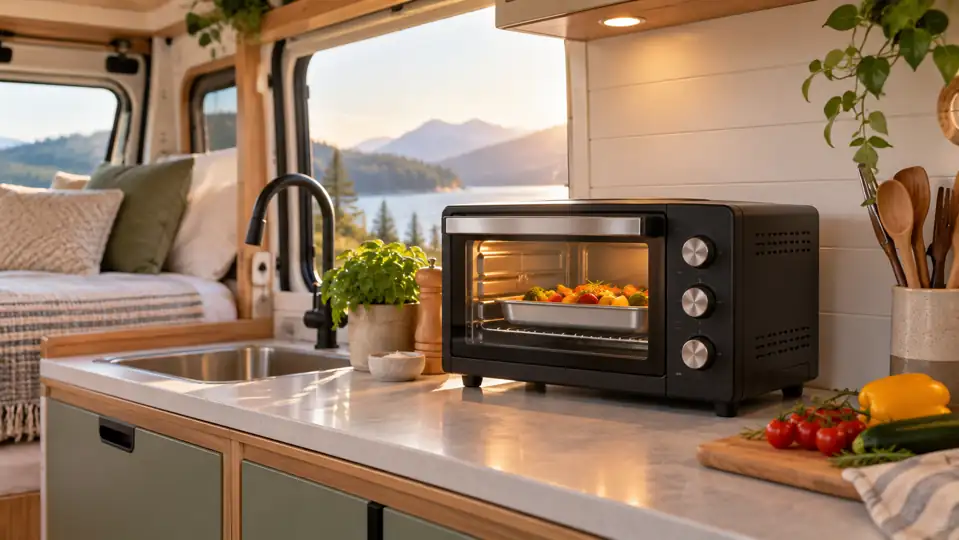 Mini-four électrique dans une cuisine de camping-car
