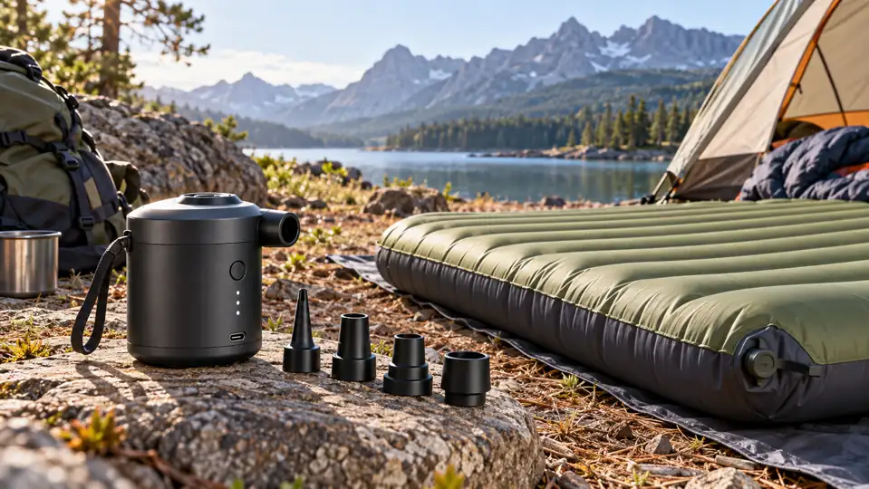 Pompe électrique et matelas gonflable près d’une tente