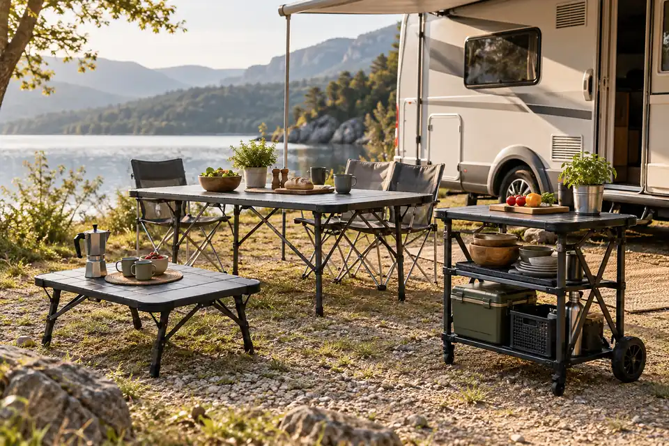 Tables de camping pliantes près d’un camping-car
